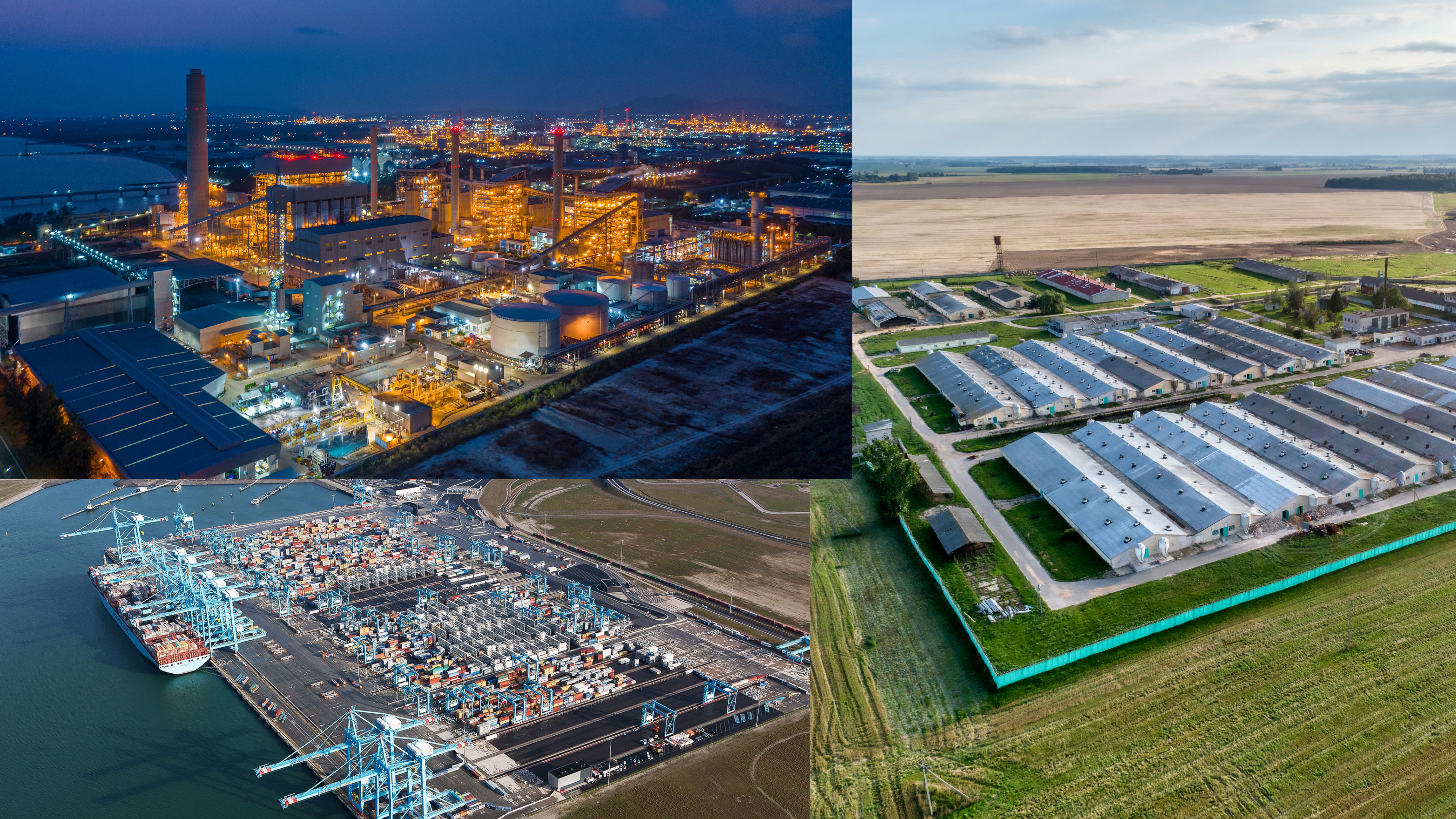 A collage of three photos showing ports, industry and agriculture