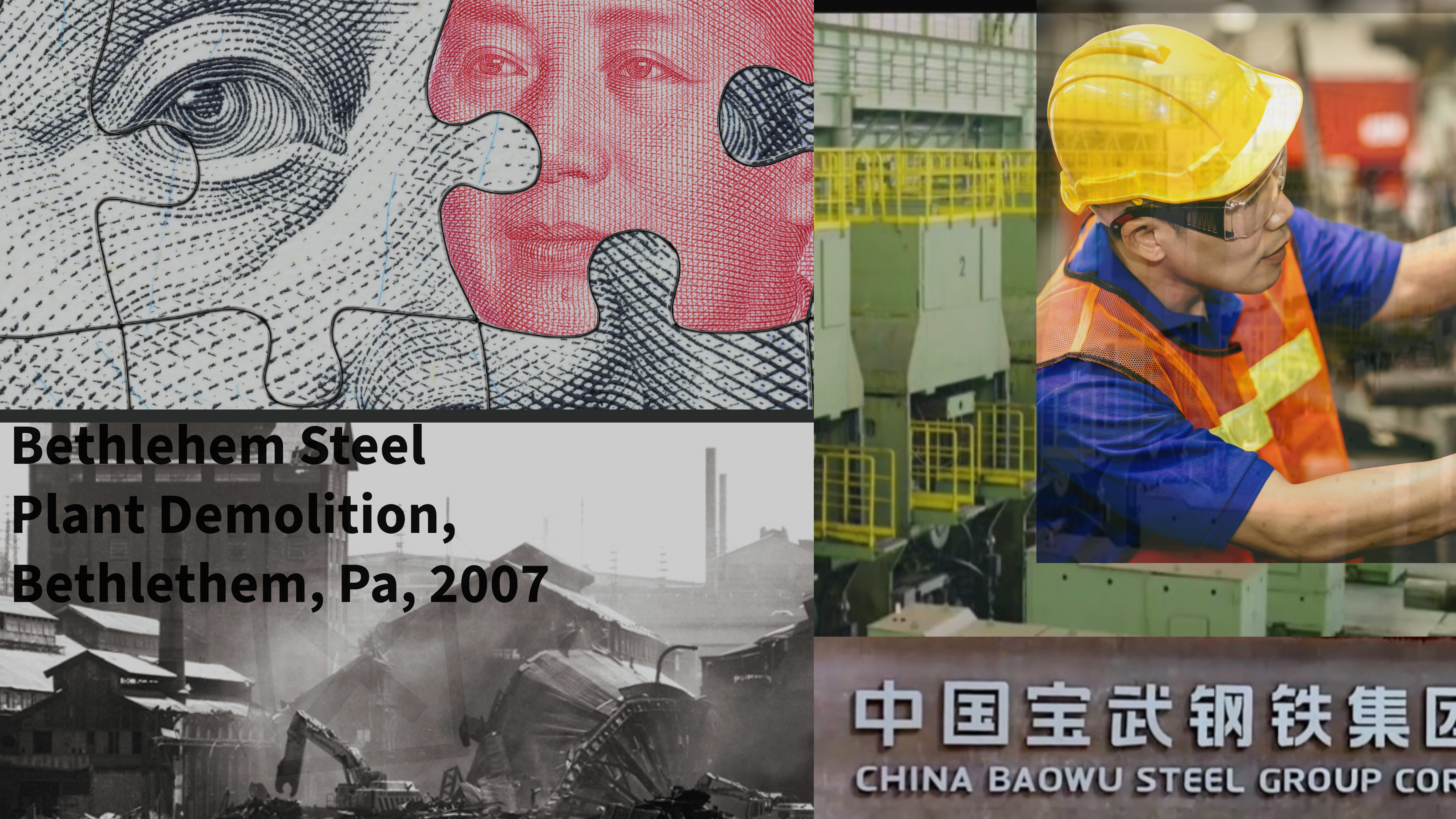 A collage of photos displaying US steel vs China steel