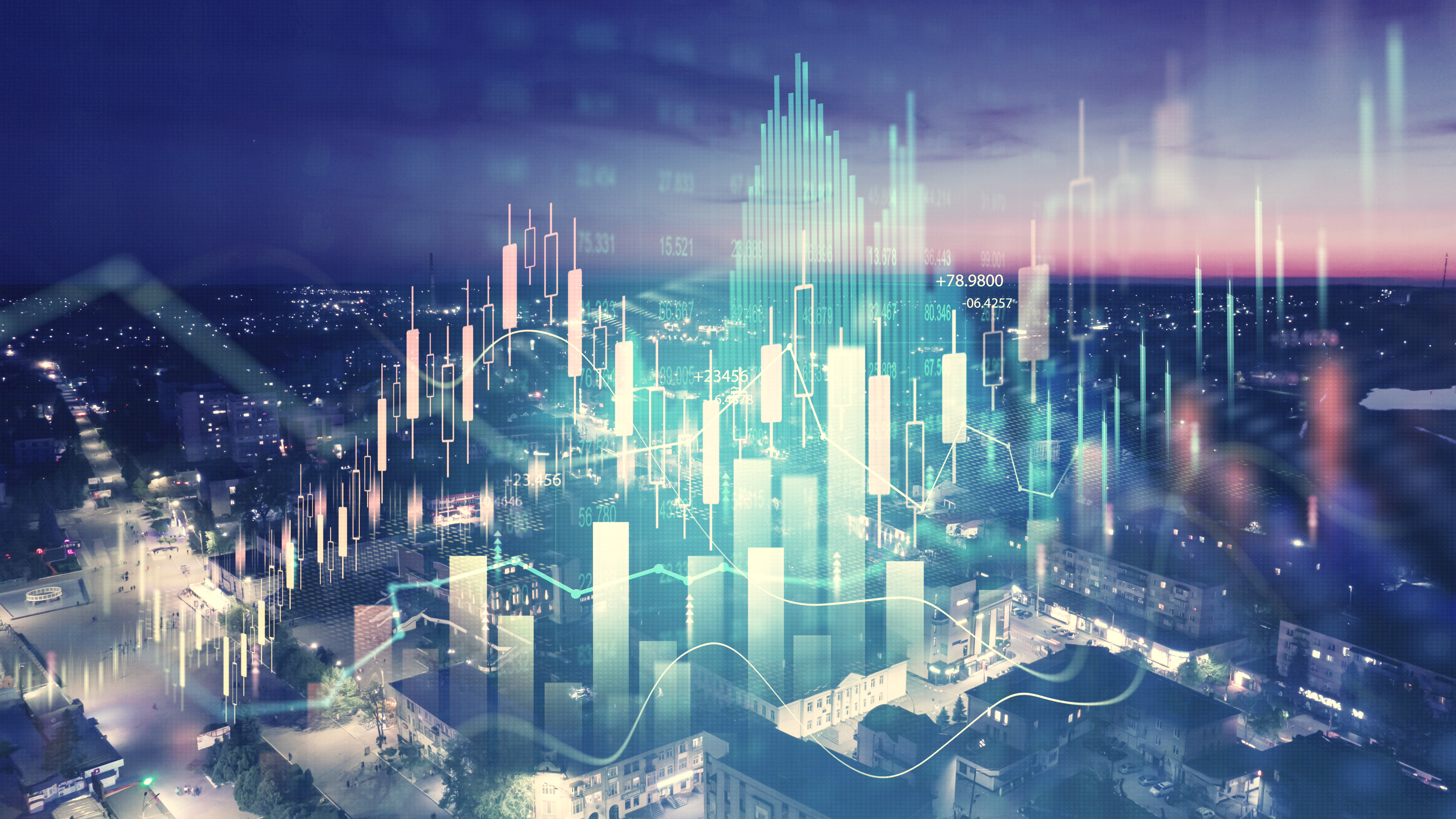 AI of a modern city with charts and graphs superimposed